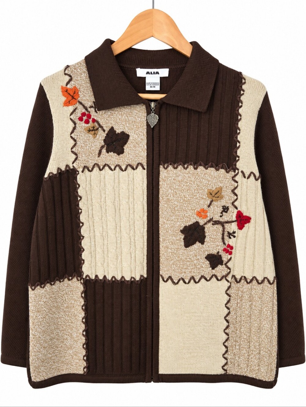 Alia Women’s Medium Patchwork Embroidered Full Zip Cardigan Sweater Brown Beige - Picture 2 of 12